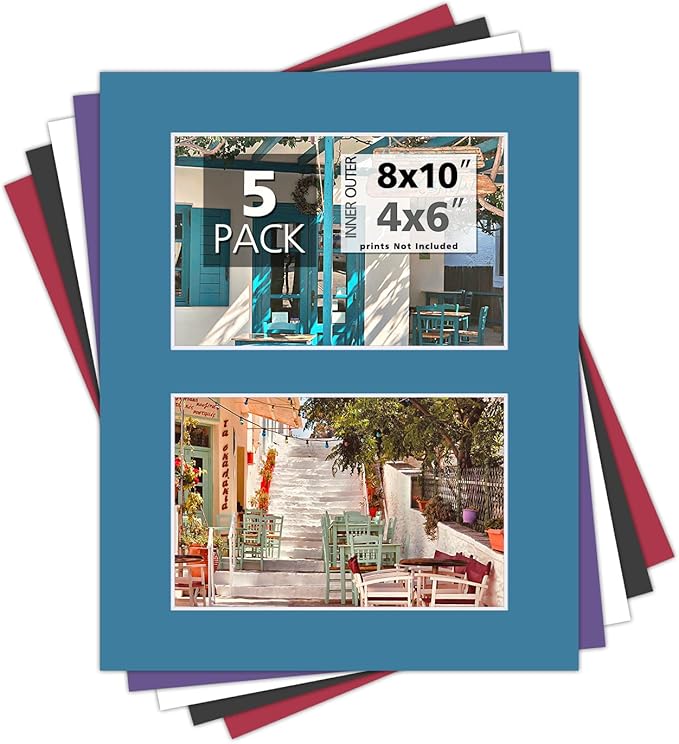 Mat Board Center, Pack of 5, Photo Picture Mats - Acid Free, 4-Ply Thickness, White Core - for Pictures, Photos, Framing (8x10 for 2-4x6 Mixed Color)