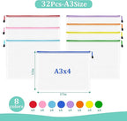 VVCO Mesh 32pcs Zipper Pouch Bags - A3 Size, 8 Color Mesh Zipper Pouches for Organizing, Board Game, Travel, School & Office