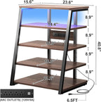 Armocity 5-Tier AV Media Stand with Power Strips, Media Console with LED Lights, Audio Tower Rack with Adjustable Shelves, Stereo Stands and Racks, 40.8'', Black Walnut