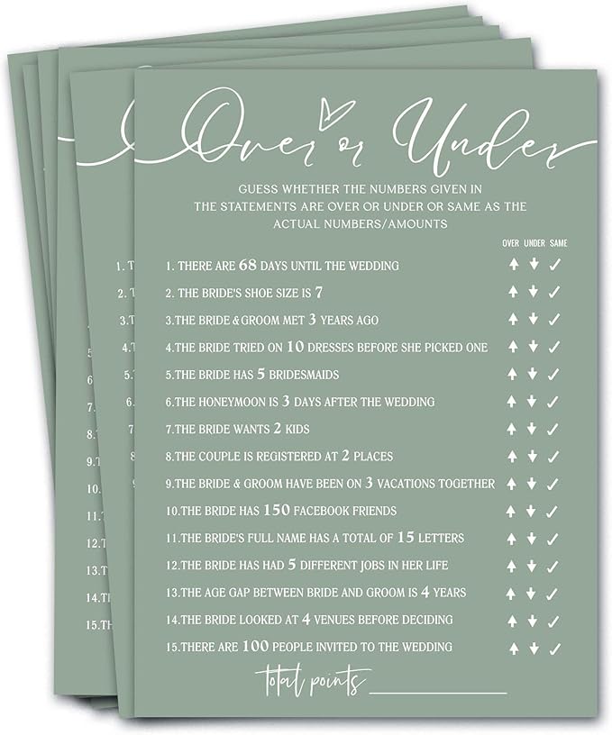 Bridal Shower Games Cards, Guess Over or Under, 25 Guests, Engagement Party Wedding Games, Minimalist Green Wedding Party Supplies - C13, Blue