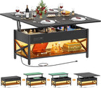 Aheaplus Coffee Table Lift Top Multi-Function Coffee Table Converts to Dining Table, with LED Light and Power Outlet, Center Table with Shelves for Living Room Reception Home Office, Black