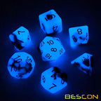 Bescon Two-Tone Glow-in-The-Dark Polyhedral Dice Set Blue Dawn, Luminous RPG Dice Set d4 d6 d8 d10 d12 d20 d% Brick Box Pack