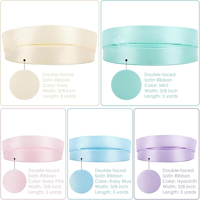 MEEDEE Pastel Rainbow Ribbon Assortment Satin Rainbow Colored Ribbon 3/8" X 50 Yards for Crafts, Gift Wrapping, Party Decoration, DIY Handmade Hair Bows