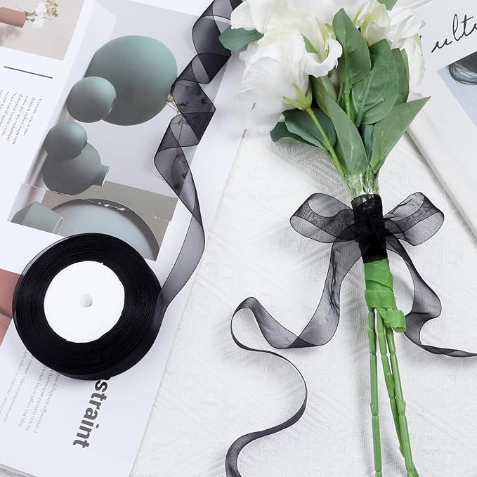 Ribbon for Gift Wrapping 3/4 inch Black Sheer Organza Ribbon for Flower Bouquet Tulle Thin Chiffon Ribbons for Wedding Invitations Christmas Halloween Presents Decorations Crafts 50 Yards