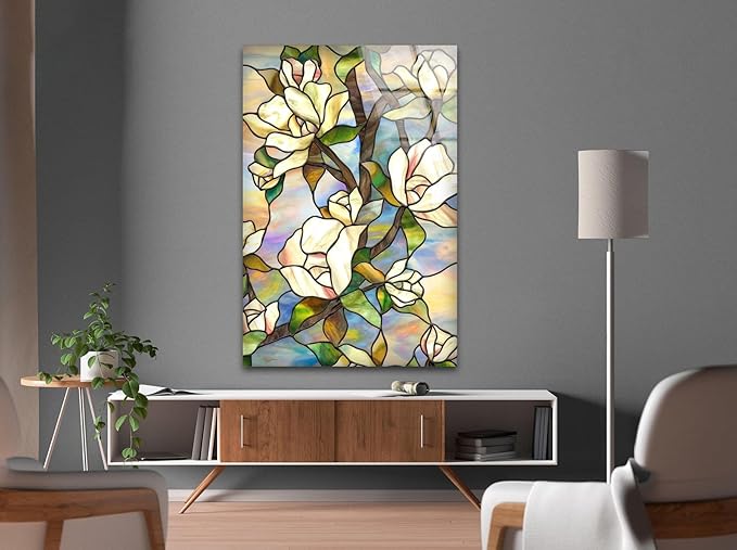 My Photostation.com 32Wx48H'' Stained Magnolia Glass Wall Art Tempered Glass Printing Wall Decor Large Wall Art Wall Hangings