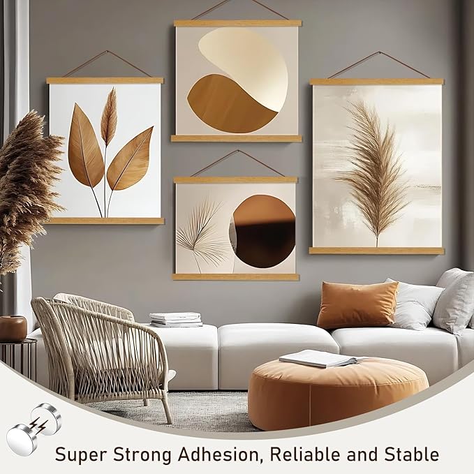 Artmag Magnetic Poster Hanger Frame, 34x22 34x23 34x48 Light Wood Wooden Magnet Canvas Artwork Print Poster Hangers Frames Hanging Kit (Teak Wood, 34")