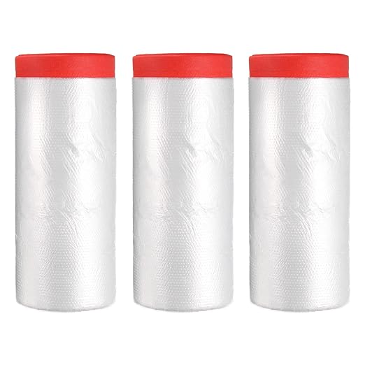 uxcell Pre-Taped Masking Film, 3.6ft x 66ft High-Tack Painters Tape Plastic Drop Cloth with High-Tack Painters Tape for Painting Protection Red 3Pcs
