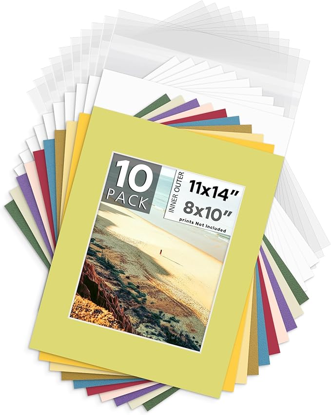 Mat Board Center, Pack of 10, 11x14 for 8x10 Mix Color Mat Kit - Acid Free, 4-ply Thickness, White Core - Includes Backing Boards and Clear Bags - for Pictures, Photos, Framing
