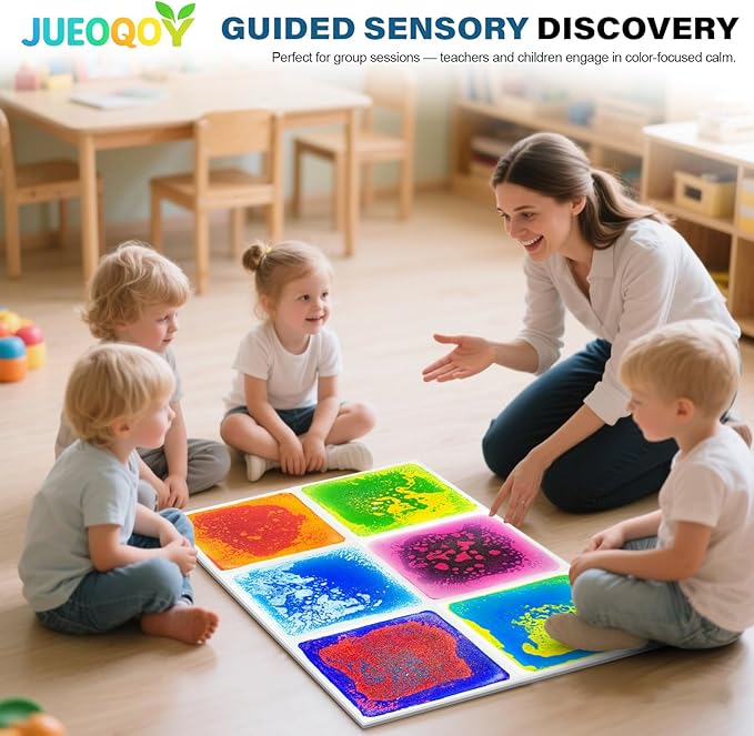 Liquid Sensory Floor Tiles for Kids Ages 3+, 12" Step-On Tiles with Non-Slip Base, Interactive Color-Flow, Assorted Colors, Classroom Sensory Path Set (6-Pack)