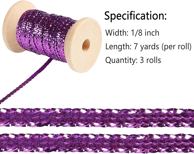 Purple Thin Ribbon 1/8 inch Metallic Braided Double Faced Ribbons Curling Ribbons for Balloon String Crafts Gift Wrapping Party Wedding Christmas Ornaments Decoration 7 Yard x 3 Rolls
