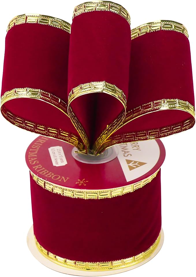 MEEDEE Burgundy Velvet 2.5 Inch Dark Red Christmas Ribbon 10 Yards Wired with Gold Greek Key Edge for Tree Decoration