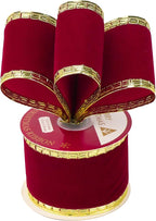 MEEDEE Burgundy Velvet 2.5 Inch Dark Red Christmas Ribbon 10 Yards Wired with Gold Greek Key Edge for Tree Decoration