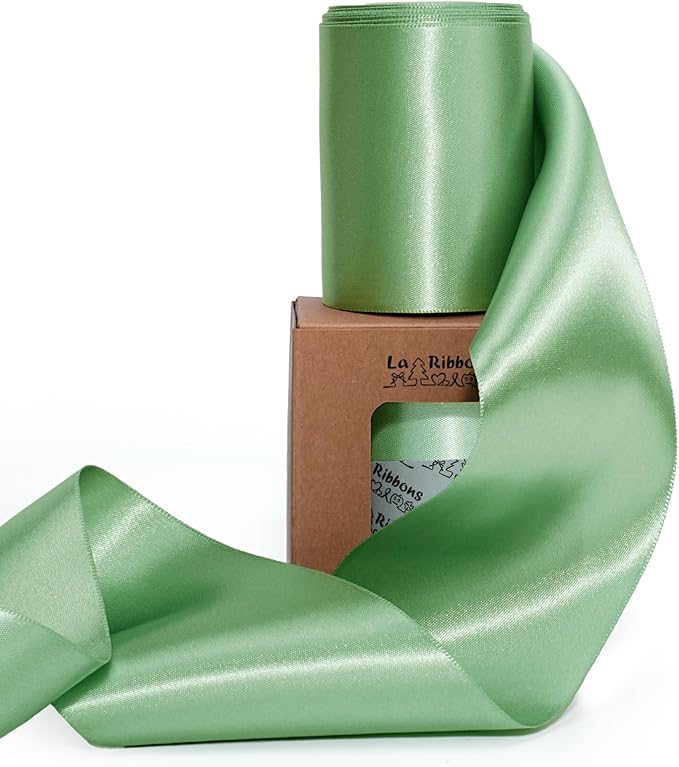 LaRibbons Sage Green Satin Ribbon 3 Inch 10 Yards Double Faced Luxury Light Green Silk Ribbon for Gift Wrapping Flower Bouquets Bow Christmas Wedding Party Decoration