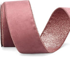 Ribbli Rose Gold Velvet Wired Ribbon 2.5 Inch Dusty Rose Velvet with Rose Gold Glitter Christmas Ribbon for Christmas Tree Decoration Big Bow Gift Wrapping Crafts Wreaths Supplies- 10 Yards