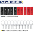 haisstronica 10pcs 8 AWG - 1/2" (M12) Tinned Copper Battery Lugs, Heavy Duty Copper Wire Lugs with 10pcs 3:1 Adhesive Heat Shrink Tubing, 8 Gauge Wire Lugs, Tinned Copper Battery Cable Ends