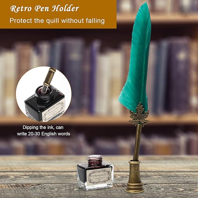 AHIER Quill Pen and Ink Set, Feather Pen Quill Pen Set Includes 5 Steel Replacement Nibs,Pen Nib Base and Dip Ink Bottle for Antique Calligraphy