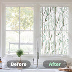Donox Frosted Glass Window Film Heat Control UV Blocking, Static Cling Reusable Home Bathroom Door Window Privacy Film, Green Leaf Pattern Window Covering with Installation Tool, 23.6 in x 6.5 feet