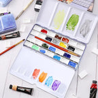 LOONENG Empty Watercolor Palette, Empty Watercolor Tin with Fold Out Palette, Large Purple Watercolor Tray Palette with 28 Empty Full Pans for Plein Air Painting and Sketching