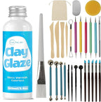 CALPALMY 100ml Gloss Air Dry Clay Glaze with 29pcs Clay Tools Kit – Clay Varnish Sealant for Surface Protection, Pottery and Sculpting Tools for Carving, Shaping, and Molding Crafts