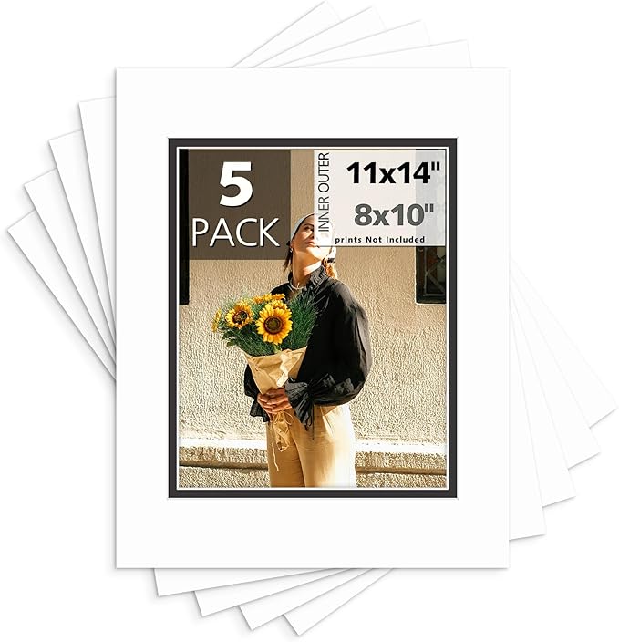 Mat Board Center, Double Mat - Acid Free, 8-ply Thickness, White Core - for Pictures, Photos, Framing (White Over Black, 11x14 for 8x10, Pack of 5)