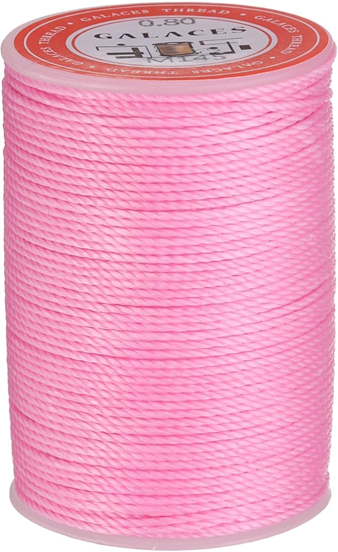 uxcell Round Leather Sewing Waxed Thread, 55m / 60 Yards Wax Polyester String, 0.8mm Waxed Stitching Cord for Leather Crafts, Bookbinding, Bracelets Braided, Pink
