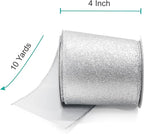 CT CRAFT LLC Glitter Wired Ribbon 4" x 10 Yards Silver for Christmas Home Decor Bow Gift Wrapping DIY Crafts Wreath