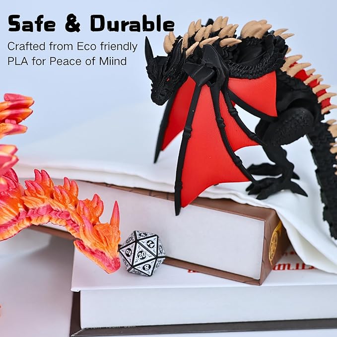 3D Printed Dragon - 12 inch Flying Flexible Dragon with Wings, Home Decor, Birthday Gift, Desk Pet(Red Black-Dragon)(Red Gold-Dragon)