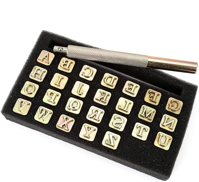 Yoption 27 Pieces Leathercarft Stamping Tool Set, 26 Letters Alphabet Stamps Steel Punch Tool 6mm+1 Stamping Handle for Leather Craft