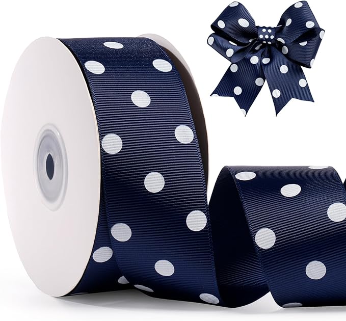 Polka Dot Grosgrain Ribbon 1.5 Inch, 25 Yards Spool Navy Blue and White Dot Craft Ribbon for Christmas Gift Wrapping DIY Crafts Hair Bows Wedding Party Decor Sewing and Home Decoration