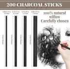 Gueevin 200 Pcs Willow Charcoal Sticks, Willow Charcoal, Artists, Beginners, Students, Perfect for Sketching, Drawing, Shading, and Fine Art Christmas Gifts for Art (2-4mm,4-5mm,5-7mm,7-9mm)