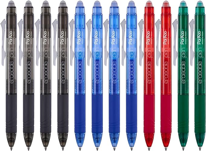 ParKoo Retractable Erasable Gel Pens Clicker Fine Point 0.7 mm, No Need for White Out, 4 Assorted Color Inks for Completing Sudoku and Crossword Puzzles, 12-pack