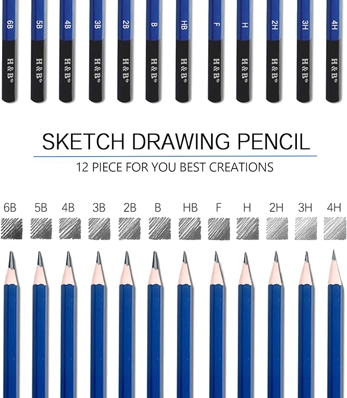 H & B 12 PCS Pencil Drawing Kit, H-4H, F, HB, B-6B Graphite and Charcoal Sketch Pencil Set for Beginners, Professional Artists