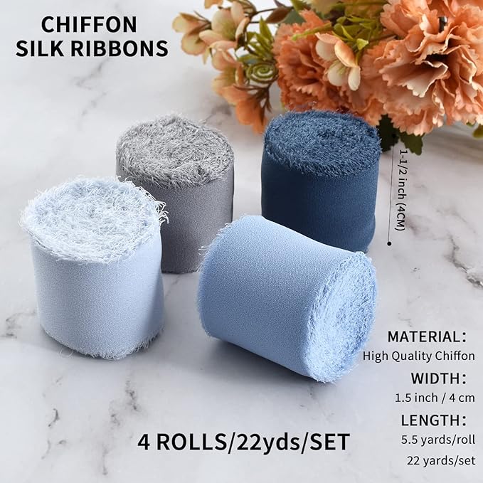 TONIFUL 4 Rolls Silk Chiffon Ribbon, 1-1/2 Inch x 22yds, Dusty Blue Chiffon Ribbons Set, Handmade Fringe Silk Ribbon for Gift Wrapping Bridal Bouquets Wedding Invitations Decoration Crafts