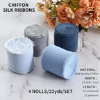 TONIFUL 4 Rolls Silk Chiffon Ribbon, 1-1/2 Inch x 22yds, Dusty Blue Chiffon Ribbons Set, Handmade Fringe Silk Ribbon for Gift Wrapping Bridal Bouquets Wedding Invitations Decoration Crafts