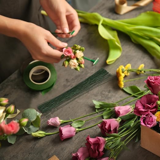 PATIKIL 30 Gauge 16" Floral Stem Wire, 100 Pcs Paper Wrapped Iron Artificial Flower Stem Accessories for DIY Bouquet Stem and Craft Decoration, Dark Green