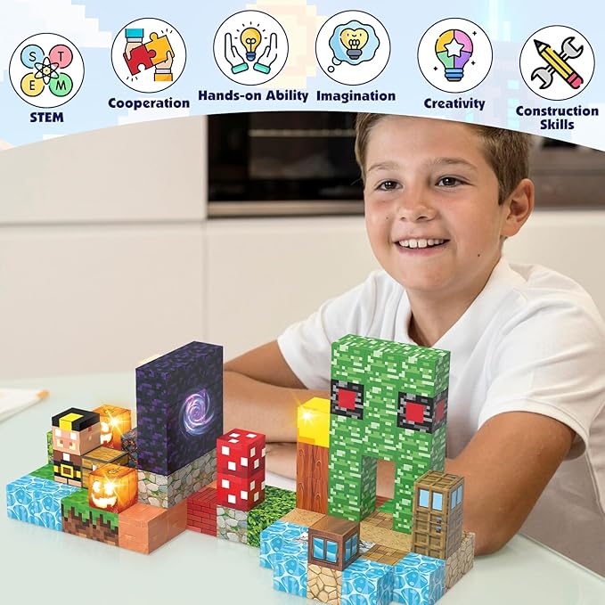 Magnetic Building Blocks, Magnetic Blocks STEM Construction Toys, Montessori Sensory Stacking Toys for Toddlers, Magnet Cubes with Light Blocks, Christmas Birthday Gifts for Kids Age 3 4 5 6 7 8-12