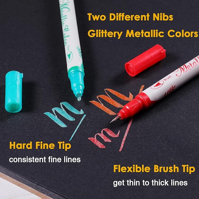 Sunshilor Metallic Markers Dual Tip Metallic Marker Pens Brush and Fine Point Pens for Black Paper, Rock Painting, Easter Egg, Halloween Pumpkin, Card Making, Metal, Ceramic, Wine Glass