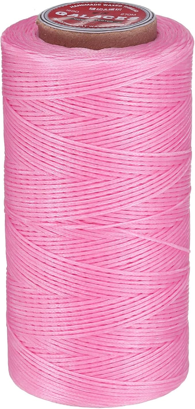 uxcell Flat Leather Sewing Waxed Thread, 270m / 295 Yards Polyester Wax String, 150D Wax Stitching Cord for Leather Crafts, Bookbinding, Bracelets Braided, Peach Pink