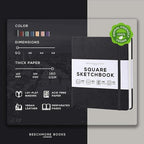 Beechmore Books Square Sketchbook – 8x8 Premium Vegan Leather Bound Large Sketch Book Hardcover with 156 Thick 160gsm Perforated Ivory Pages, Blank Sketch Pad, Gift Boxed Back Pocket, Ribbon Bookmark