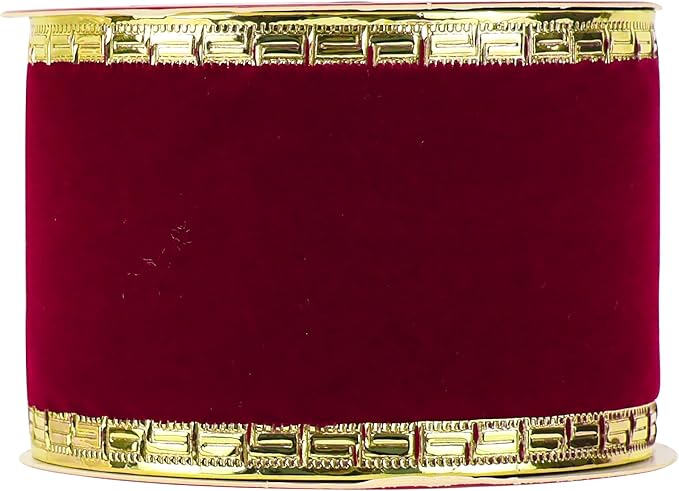 MEEDEE Burgundy Velvet 2.5 Inch Dark Red Christmas Ribbon 10 Yards Wired with Gold Greek Key Edge for Tree Decoration