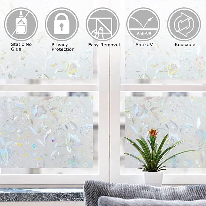 LEMON CLOUD Window Film, Decorative Window Privacy Film, 3D Stained Glass Window Sticker,Anti-UV Sun Blocker Heat Control for Home(Rainbow Tulip Design,29.5 x 118.1 inches)