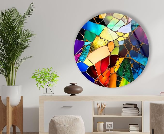 My Photostation.com 39,4''(100cm) Diameter Multicolor Round Stained Glass Wall Art Vibrant Mosaic Abstract Panel Tempered Glass Printing Wall Decor Large Wall Art Wall Hangings