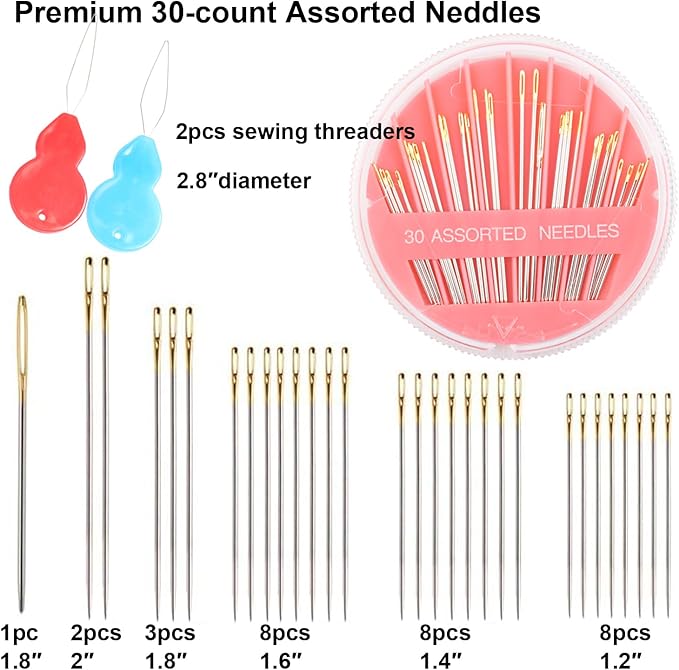Eketirry 120pcs Premium Hand Sewing Needles, 4 Pack 30-Count Assorted Needles for Sewing Repair, 6 Different Sizes Sewing Needles with 2 Threaders (Pink& Blue,2)