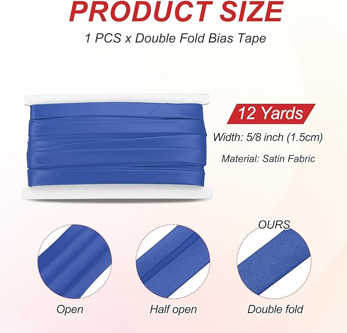 MECCANIXITY Double Fold Bias Tape for Sewing 5/8 Inch x 12 Yards Satin Pre-fold Continuous Binding Tape for Seaming Quilting Hemming Binding DIY Crafts, Sapphire Blue