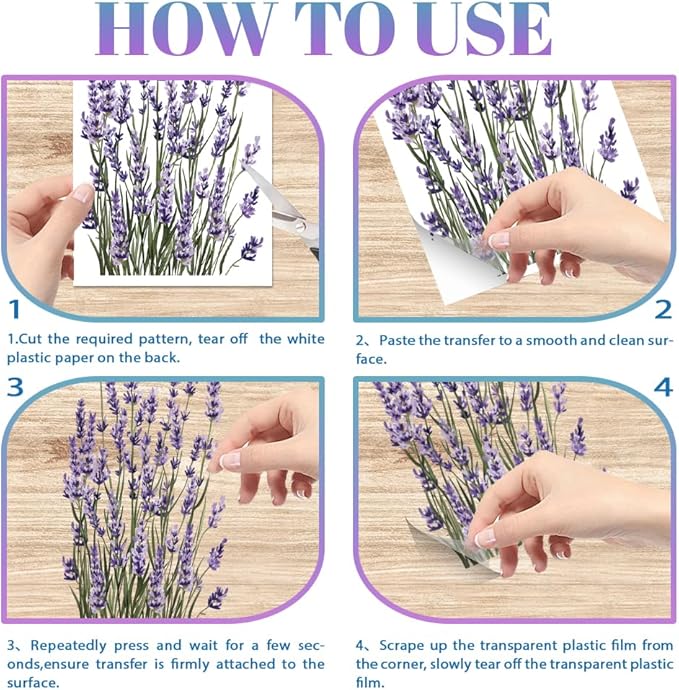 GLOBLELAND 4 Sheets Lavender Furniture Transfer 6x12inch Butterfly and Bee Rub on Transfer Sticker UV Self-Adhesive Wall Art Craft for Bedroom Living Room Desk Table Decoration