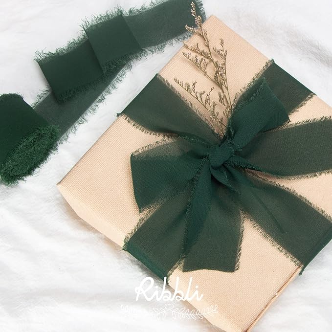 Ribbli Forest Green Chiffon Ribbon 1-1/2 inch x 20 Yard Handmade Fringe Chiffon Silk Ribbon,Black Ribbon for Wedding Invitations, Bridal Bouquets Wrapping, Flower Arrangement Decoration