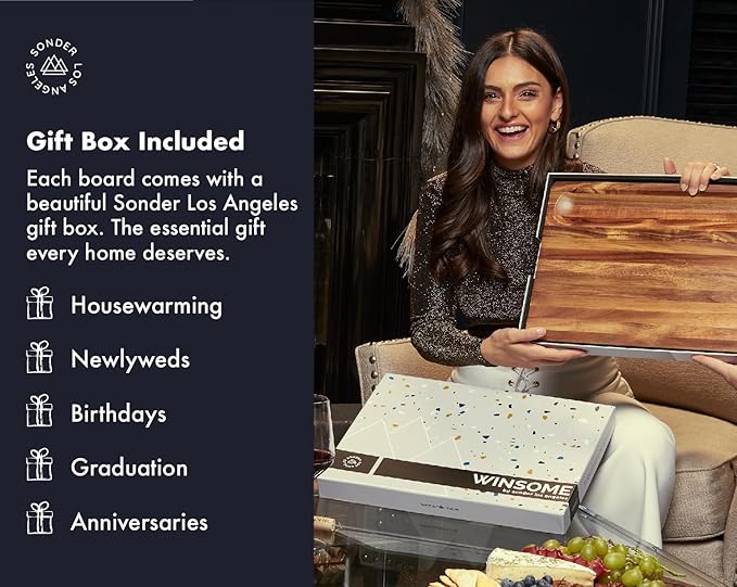 Sonder Los Angeles, Thick Sustainable Acacia Wood Cutting Board for Kitchen with Juice Groove, Sorting Compartment, Charcuterie 16x12x1.5 in (Gift Box Included)