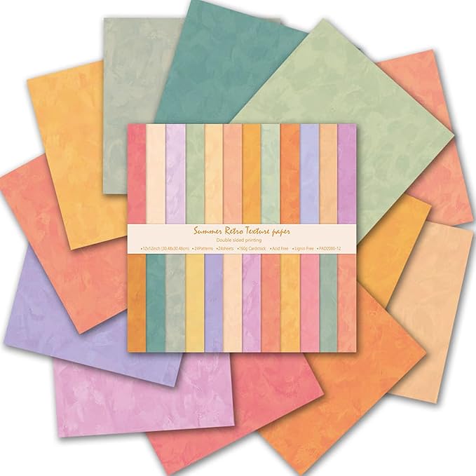 Scrapbook Paper 12x12 Solid Colors, 24 Sheets/24 Designs Double-Sided Colorful Summer Style Scrapbook Paper Pad, Decorative Paper for Junk Journals Greeting Cards Decoration (Summer, 12x12 in)