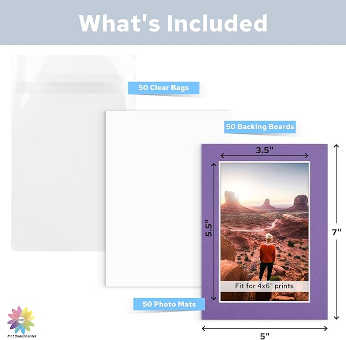 Mat Board Center, Pack of 50, 5x7 for 4x6 Mix Color Mat Kit - Acid Free, 4-ply Thickness, White Core - Includes Backing Boards and Clear Bags - for Pictures, Photos, Framing