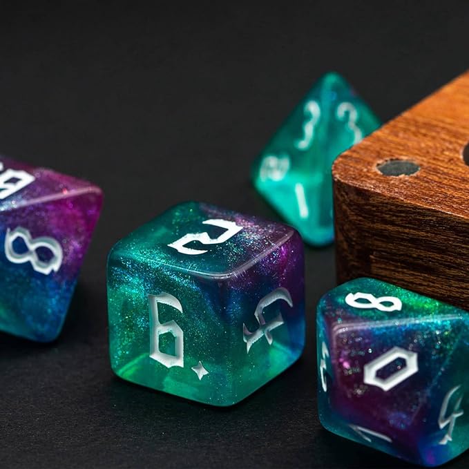 7-Die DND Dice Set Polyhedral Dice Set with a Leather Bag, D&D Dice Set for Dungeons and Dragons, RPG Table Games (Rose Blue w/Glitter)
